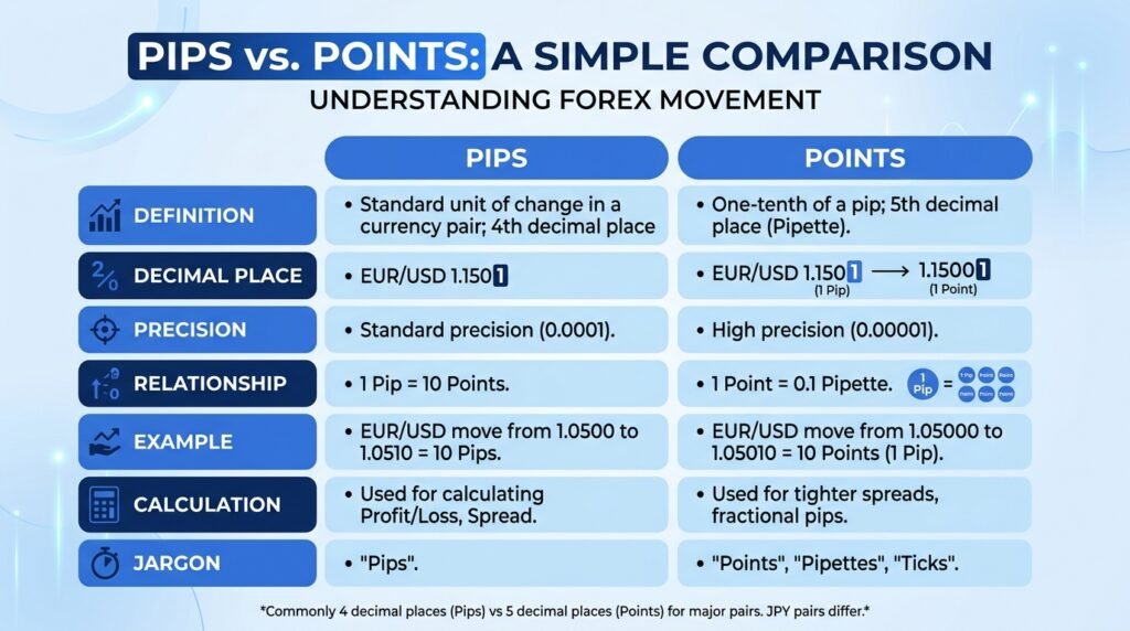 Comparison of pips and points in forex